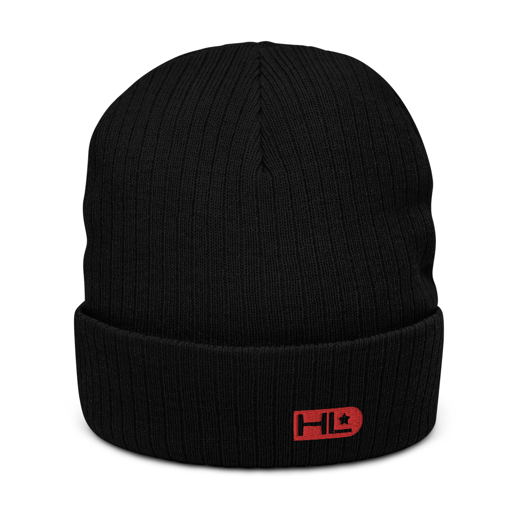 Black/ Red Logo Ribbed Knit Beanie